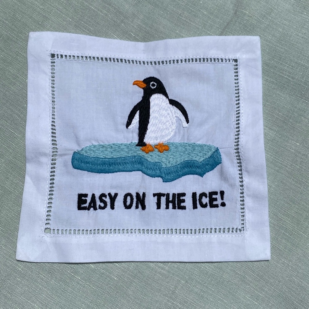 Set of 4 August Morgan Easy on the Ice penguin embroidered 6" cocktail napkins - Picture 3 of 7